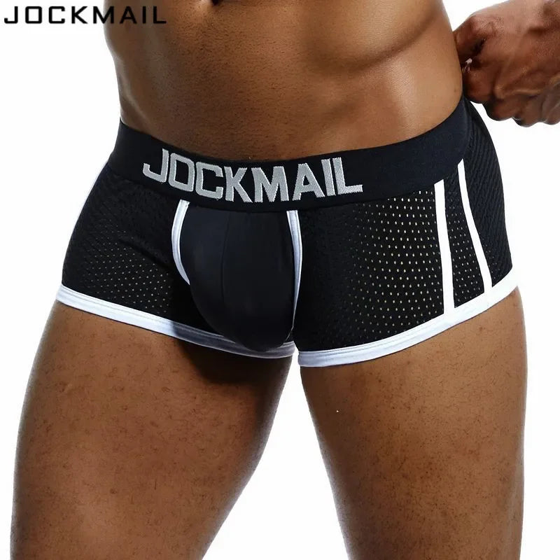 JOCKMAIL Brand Men Mesh Underwear Boxers Calzoncillos Hombre Gay Sleepwear Cueca Boxer Breathable Crotch Male Panties Shorts