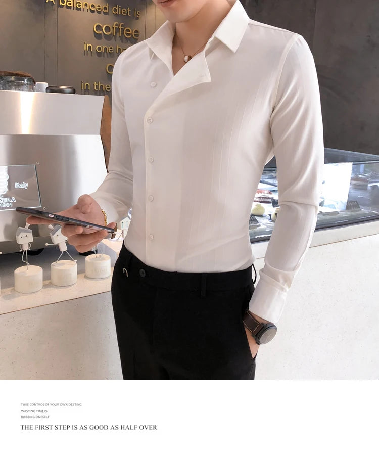 Men British Business Formal Social Long-sleeved Shirts Solid Color Homme Casual Slim Side Front Personality Party Banquet Blouse