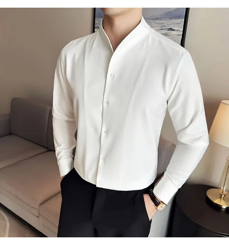 Sexy V-neck Shirt Men's Long Sleeved Casual Shirts Collarless Seamless Business Dress Shirt Social Party Tuxedo Blouse M-4XL