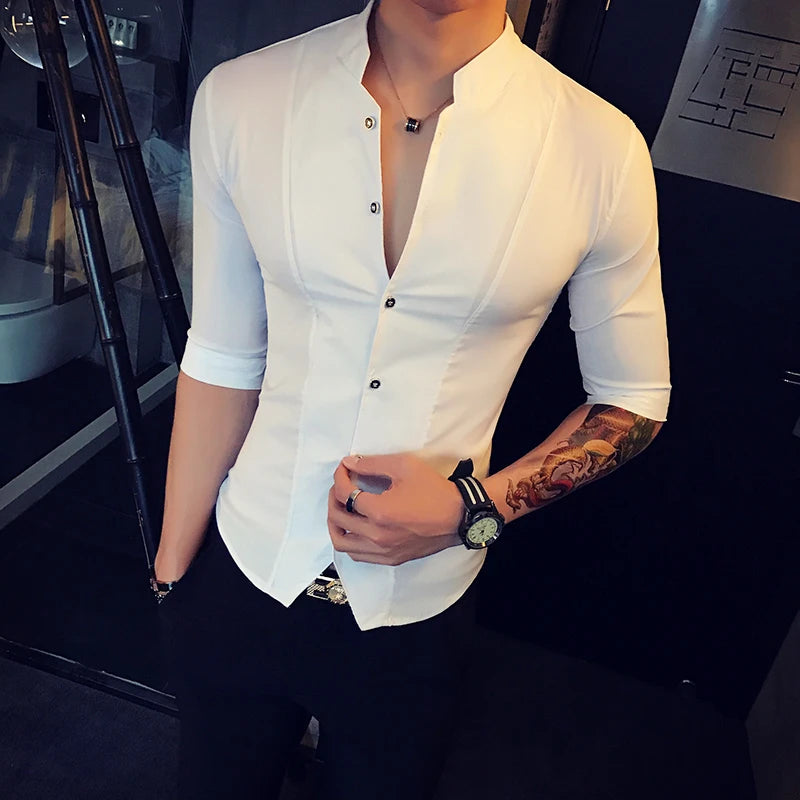 Men's Stand-up Collar Shirt 2024 Summer New Men's Fashion Slim Korean Half Sleeve High Quality Summer Short Sleeve Shirt