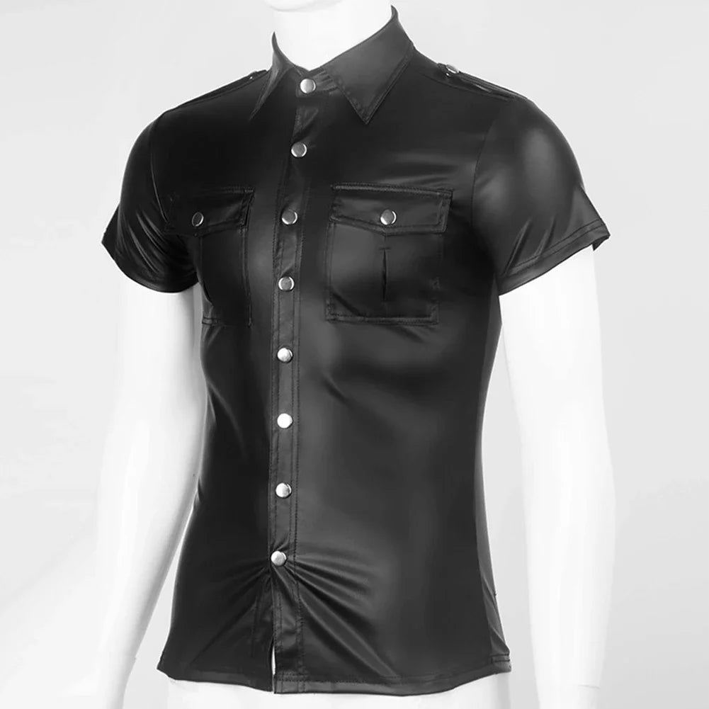 Men Faux Leather Uniform Shirt Collared Short Sleeve Tee Wet Look Top Blouse Button Up T Shirt Nightclub Stage Costumes Tops