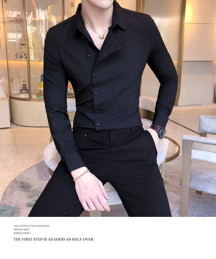 Men British Business Formal Social Long-sleeved Shirts Solid Color Homme Casual Slim Side Front Personality Party Banquet Blouse