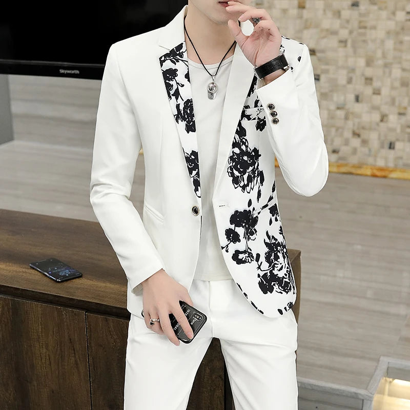 2024 New Men's Yellow Printed Suit Jacket and Trousers Spring Autumn Slim Men 2 Piece White Black Blazer Pants