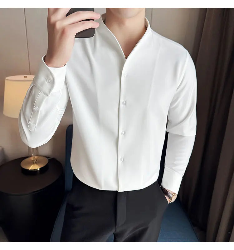 Sexy V-neck Shirt Men's Long Sleeved Casual Shirts Collarless Seamless Business Dress Shirt Social Party Tuxedo Blouse M-4XL