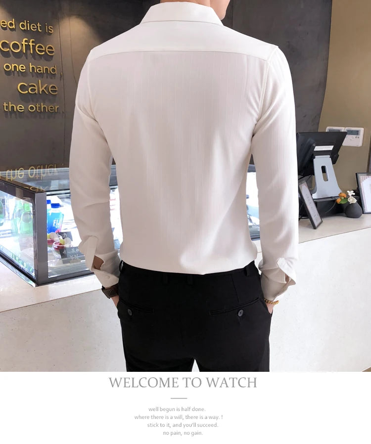 Men British Business Formal Social Long-sleeved Shirts Solid Color Homme Casual Slim Side Front Personality Party Banquet Blouse