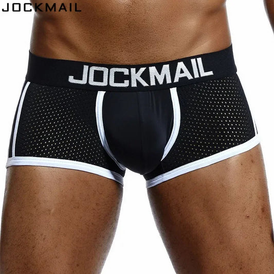 JOCKMAIL Brand Men Mesh Underwear Boxers Calzoncillos Hombre Gay Sleepwear Cueca Boxer Breathable Crotch Male Panties Shorts