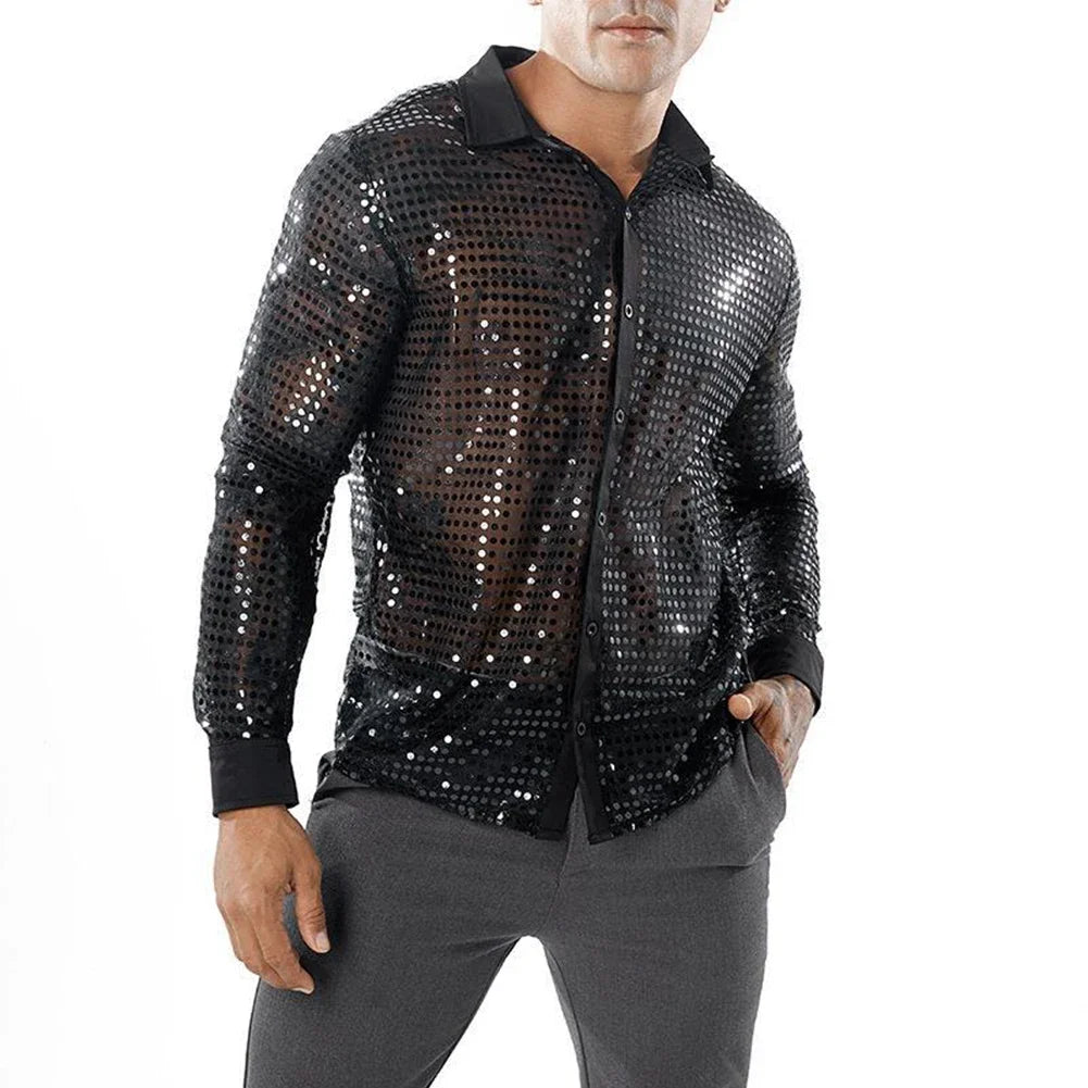 2023 Fashion Mens Sparkly Sequins Party Dance Shirts Retro 70s Disco Nightclub Shirt Tops Single Breasted Performance Clothing