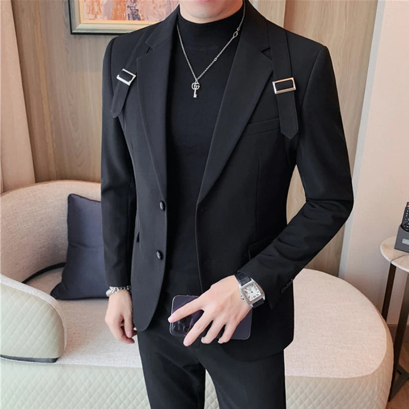 Brand Autumn Winter Strap Decoration Suit Jacket for Men Slim Fit Casual Business Blazers Fashion Wedding Groom Social Coat 2023