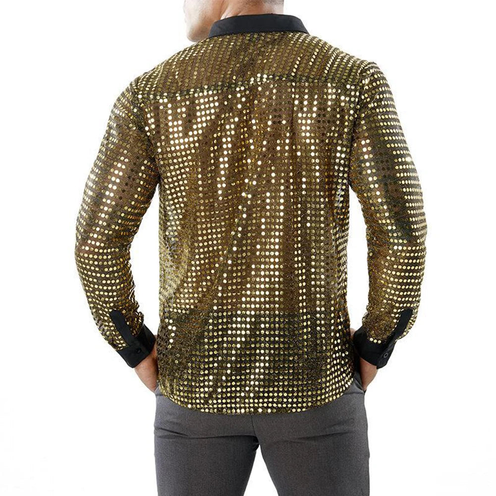 2023 Fashion Mens Sparkly Sequins Party Dance Shirts Retro 70s Disco Nightclub Shirt Tops Single Breasted Performance Clothing