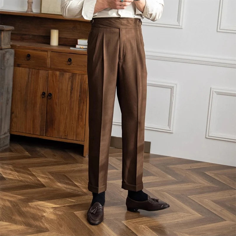 New Casual Solid Color Suit Trousers Men Spring Trendy Belt High Waist Pants Male Business Office Fashion Pleated Straight Pants