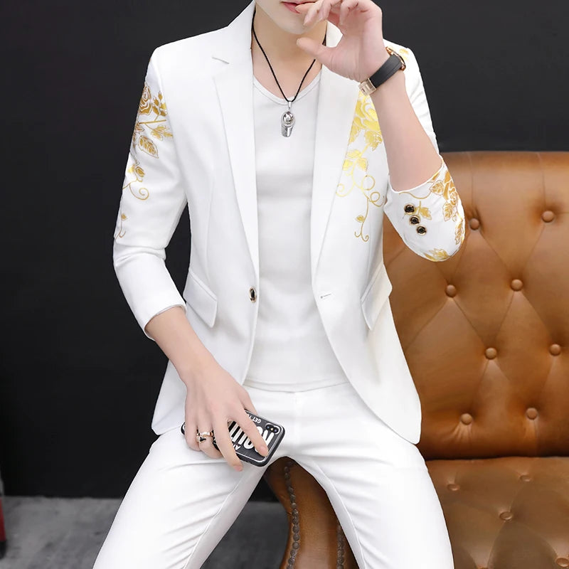 2024 New Men's Yellow Printed Suit Jacket and Trousers Spring Autumn Slim Men 2 Piece White Black Blazer Pants