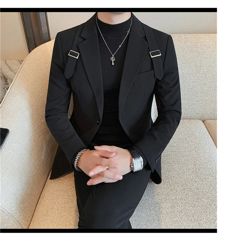 Brand Autumn Winter Strap Decoration Suit Jacket for Men Slim Fit Casual Business Blazers Fashion Wedding Groom Social Coat 2023