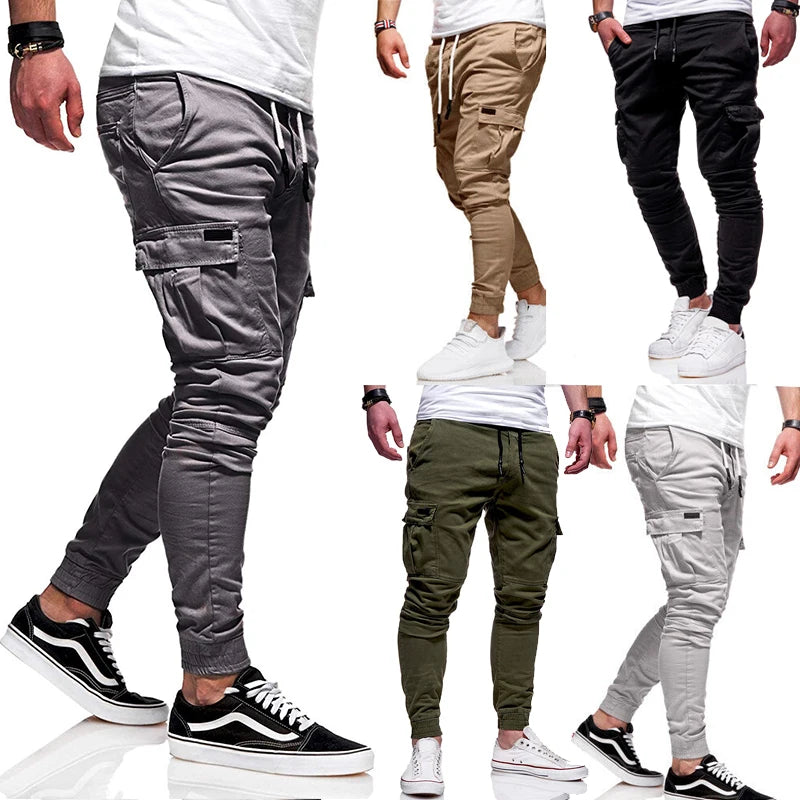 Men's Jogging Pants Denim Flip Pocket Side Drawstring Waist Overalls Leisure Elastic Sports Pants Training Tactical Pants