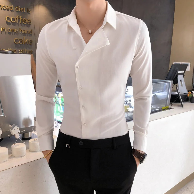 Men British Business Formal Social Long-sleeved Shirts Solid Color Homme Casual Slim Side Front Personality Party Banquet Blouse