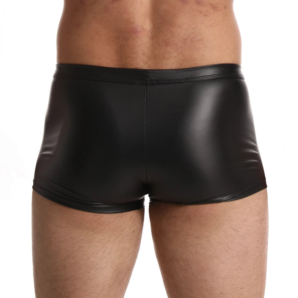 Sexy Men Boxer Shorts and Underpants Bulge Underwear Slip Faux Leather Open Front Gay Panties Zipper Low Waist Male Men's Boxers