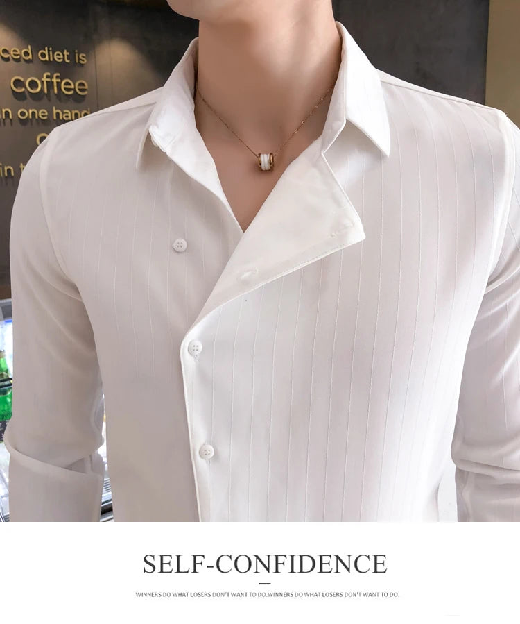 Men British Business Formal Social Long-sleeved Shirts Solid Color Homme Casual Slim Side Front Personality Party Banquet Blouse