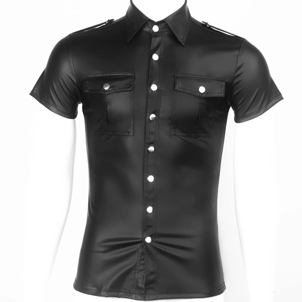 Men Faux Leather Uniform Shirt Collared Short Sleeve Tee Wet Look Top Blouse Button Up T Shirt Nightclub Stage Costumes Tops