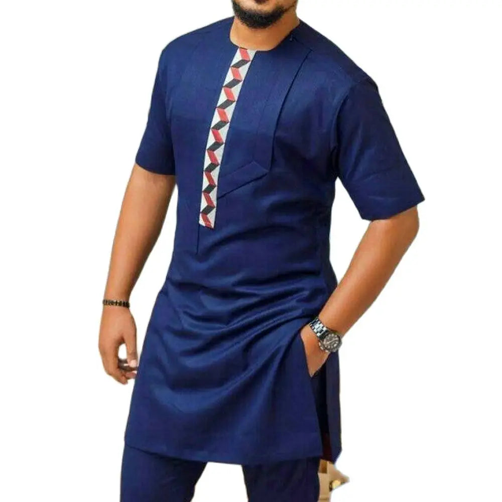 Kaftan Men's Suit Solid Pocket Top Shirt Trousers African Ethnic Casual Style 2 Piece Set Outfits Traditional Wear Male Clothing