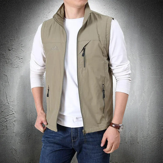 Summer Thin Vest Jacket Men Outdoor Casual Clothes Lightweight Short Sleeve Vests Men Stand Collar Male Trekking Coat Traveling