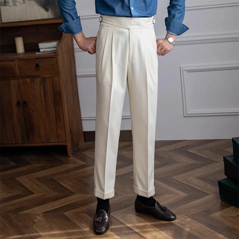 New Casual Solid Color Suit Trousers Men Spring Trendy Belt High Waist Pants Male Business Office Fashion Pleated Straight Pants