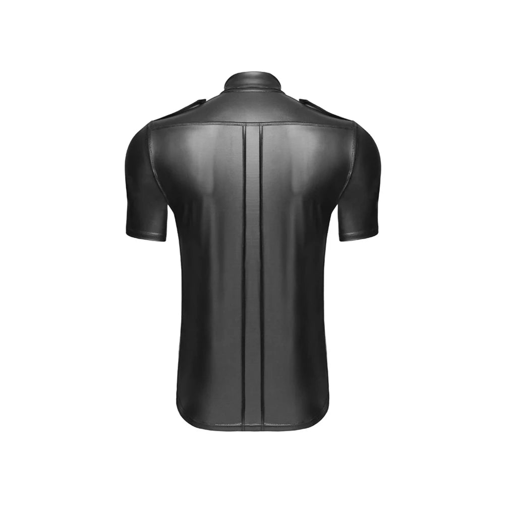 Men Faux Leather Uniform Shirt Collared Short Sleeve Tee Wet Look Top Blouse Button Up T Shirt Nightclub Stage Costumes Tops