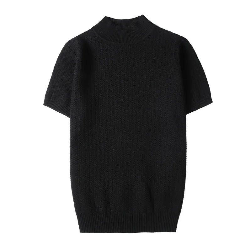 Men Short Sleeve Knitted Sweater 2024 Spring New Turtleneck Solid Color Casual Stretched Slim Fit Homme Pullovers Men's Clothing