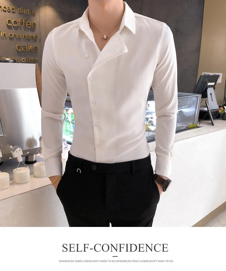 Men British Business Formal Social Long-sleeved Shirts Solid Color Homme Casual Slim Side Front Personality Party Banquet Blouse