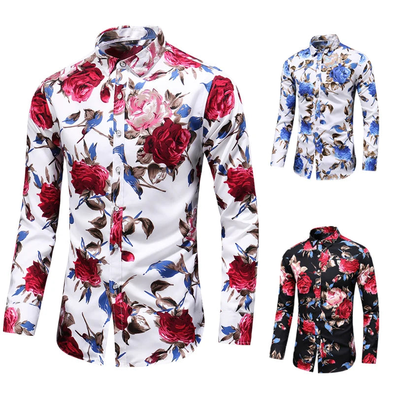 Hot Sale New Fashion Flower Printed Men's Shirt Casual Plus Size Long Sleeve Shirts Male Slim Fit Mens Office Shirt 7XL