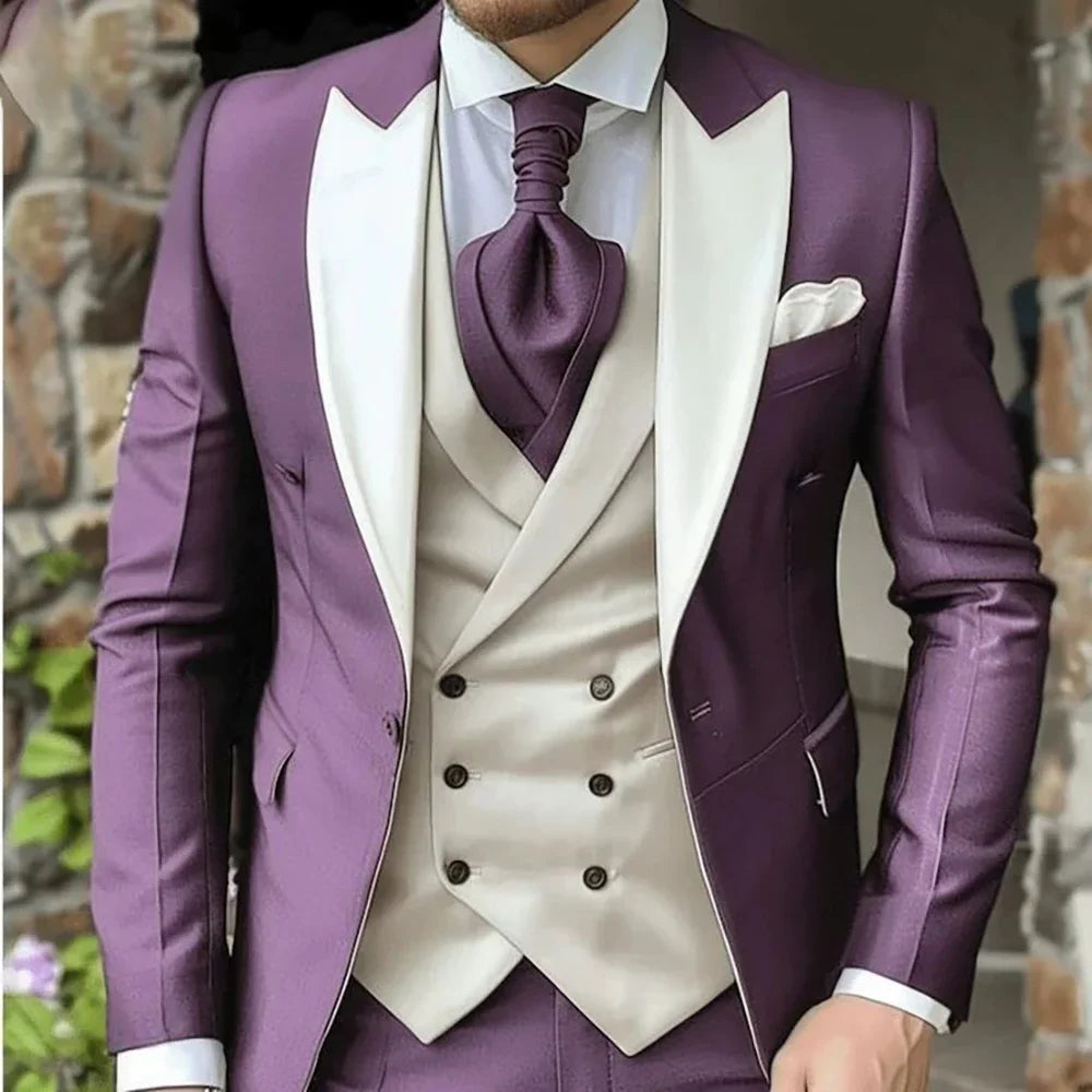 Elegant Men's Suits Three Piece Jacket Pants Vest Luxury Single Breasted Peak Lapel Purple Male Clothing Full Set