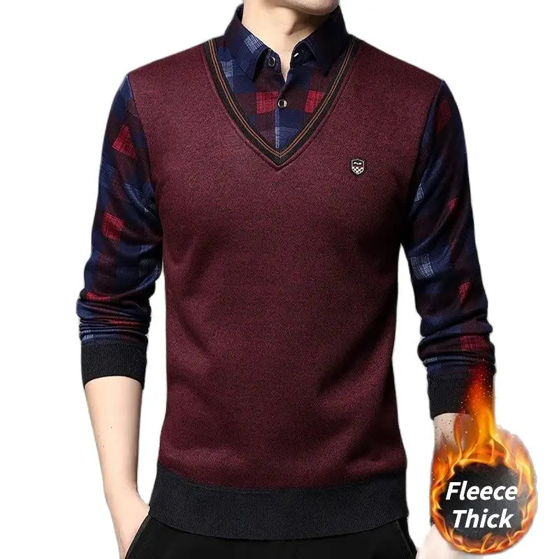 SHiONFA Autumn Winter Men's Long Sleeve Sweater Shirts Fake Two Pieces Pullovers Fleece Thick Shirt Knitted Casual Clothing 4XL