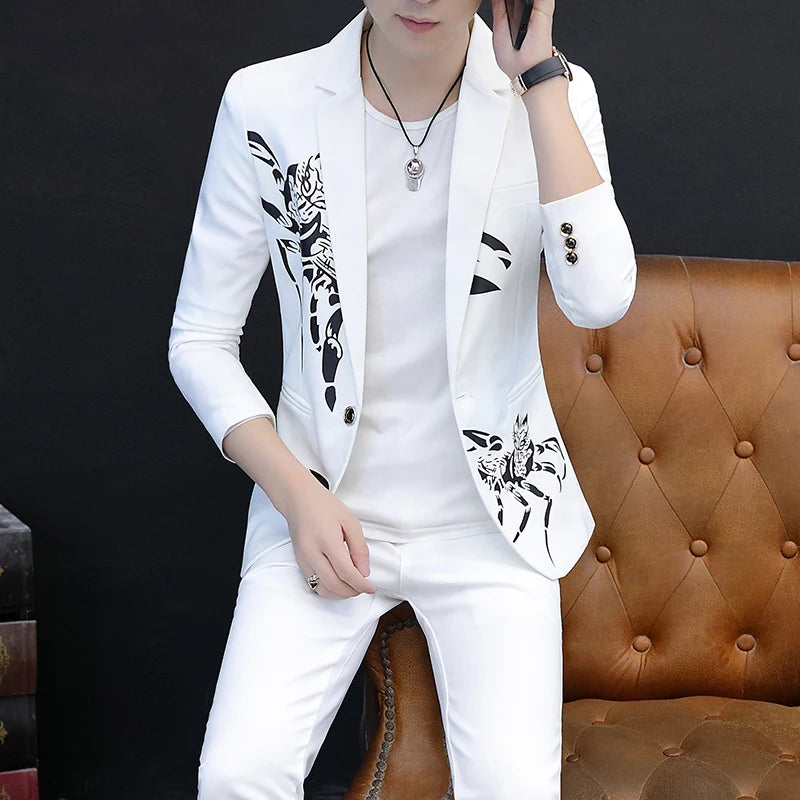 2024 New Men's Yellow Printed Suit Jacket and Trousers Spring Autumn Slim Men 2 Piece White Black Blazer Pants