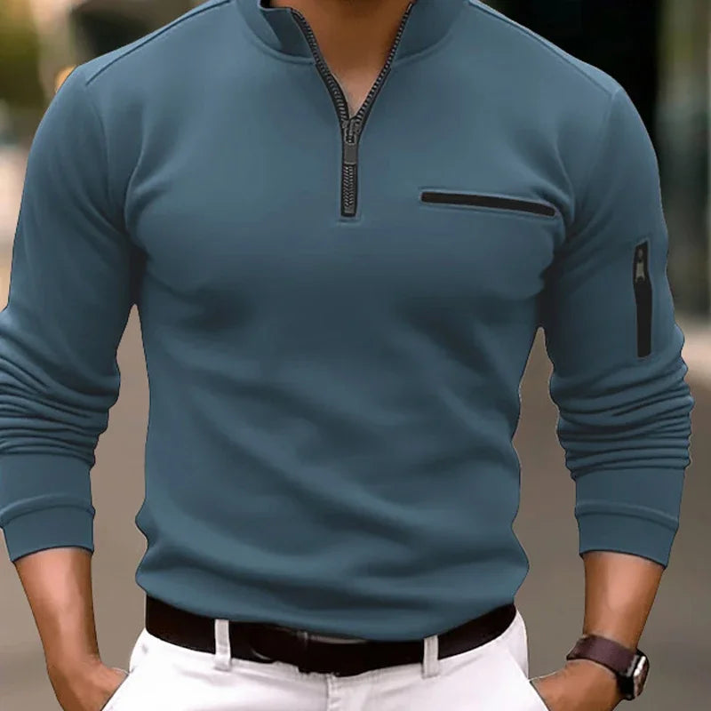 Spring Fashion Zipper Design Polo Shirts 2024 Casual Solid Color O-Neck Tees Pullover Fashion Men Clothing Long Sleeve