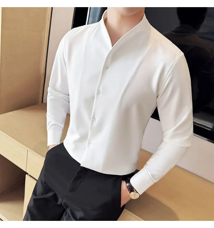 Sexy V-neck Shirt Men's Long Sleeved Casual Shirts Collarless Seamless Business Dress Shirt Social Party Tuxedo Blouse M-4XL