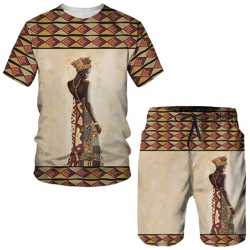 Fashion Men Summer Crew Neck Short Sleeve Top/Shorts/Retro Ethnic Style African Clothes Street Outfits Men's Leisure Sports Suit