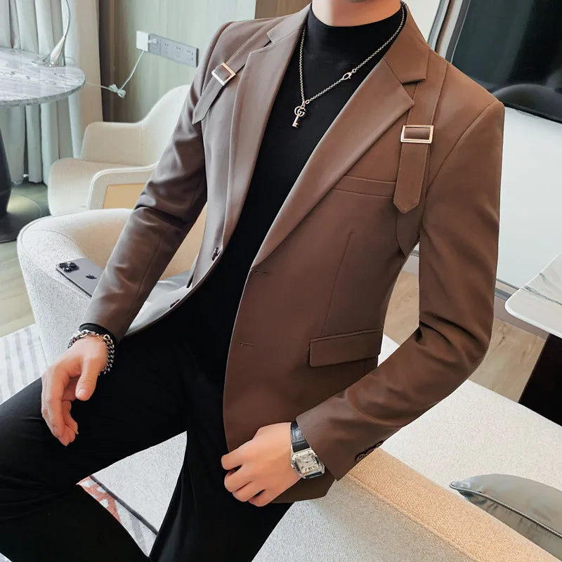 Brand Autumn Winter Strap Decoration Suit Jacket for Men Slim Fit Casual Business Blazers Fashion Wedding Groom Social Coat 2023