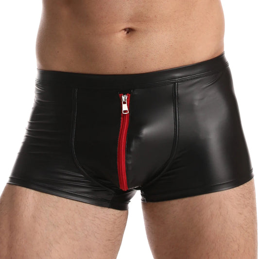 Sexy Men Boxer Shorts and Underpants Bulge Underwear Slip Faux Leather Open Front Gay Panties Zipper Low Waist Male Men's Boxers