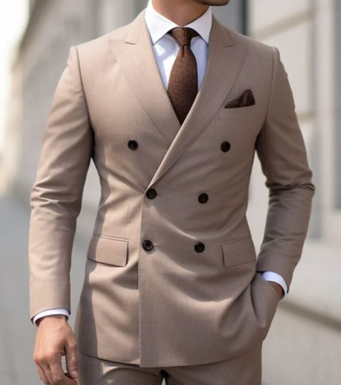 High Quality Brown Men's Suits Double Breasted Bespoke Double Breasted Peaked Lapel Formal Blazer Slim Fit 2 Piece Jacket Pants