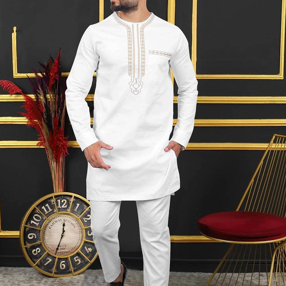 Summer African Men's Traditional Elegant Suits Outfit Dashiki 2Pcs Shirt & Pants Full Set Designer Clothes Abaya Brand Costume