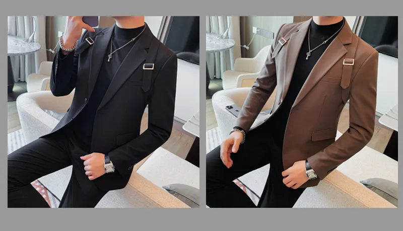 Brand Autumn Winter Strap Decoration Suit Jacket for Men Slim Fit Casual Business Blazers Fashion Wedding Groom Social Coat 2023