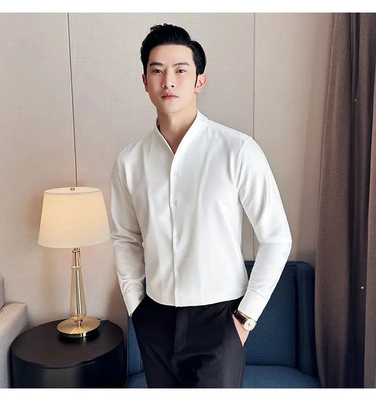 Sexy V-neck Shirt Men's Long Sleeved Casual Shirts Collarless Seamless Business Dress Shirt Social Party Tuxedo Blouse M-4XL