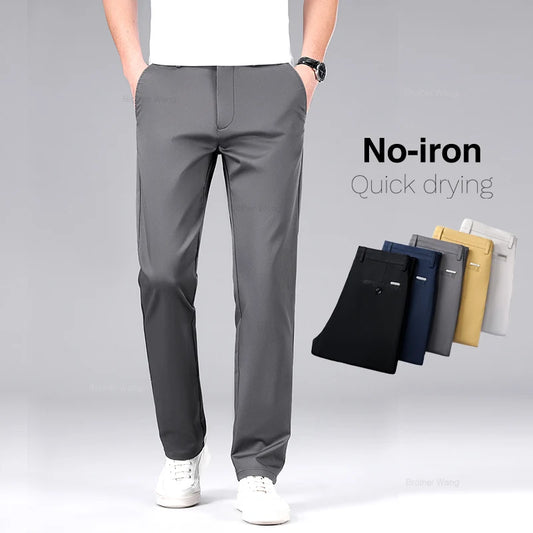 Classic Style Men's Cotton Elastic Casual Pants No Iron Anti-wrinkle Solid Color Business Straight Trousers Brand Clothes