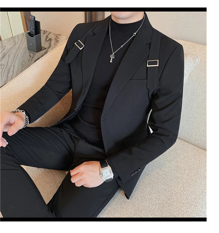 Brand Autumn Winter Strap Decoration Suit Jacket for Men Slim Fit Casual Business Blazers Fashion Wedding Groom Social Coat 2023