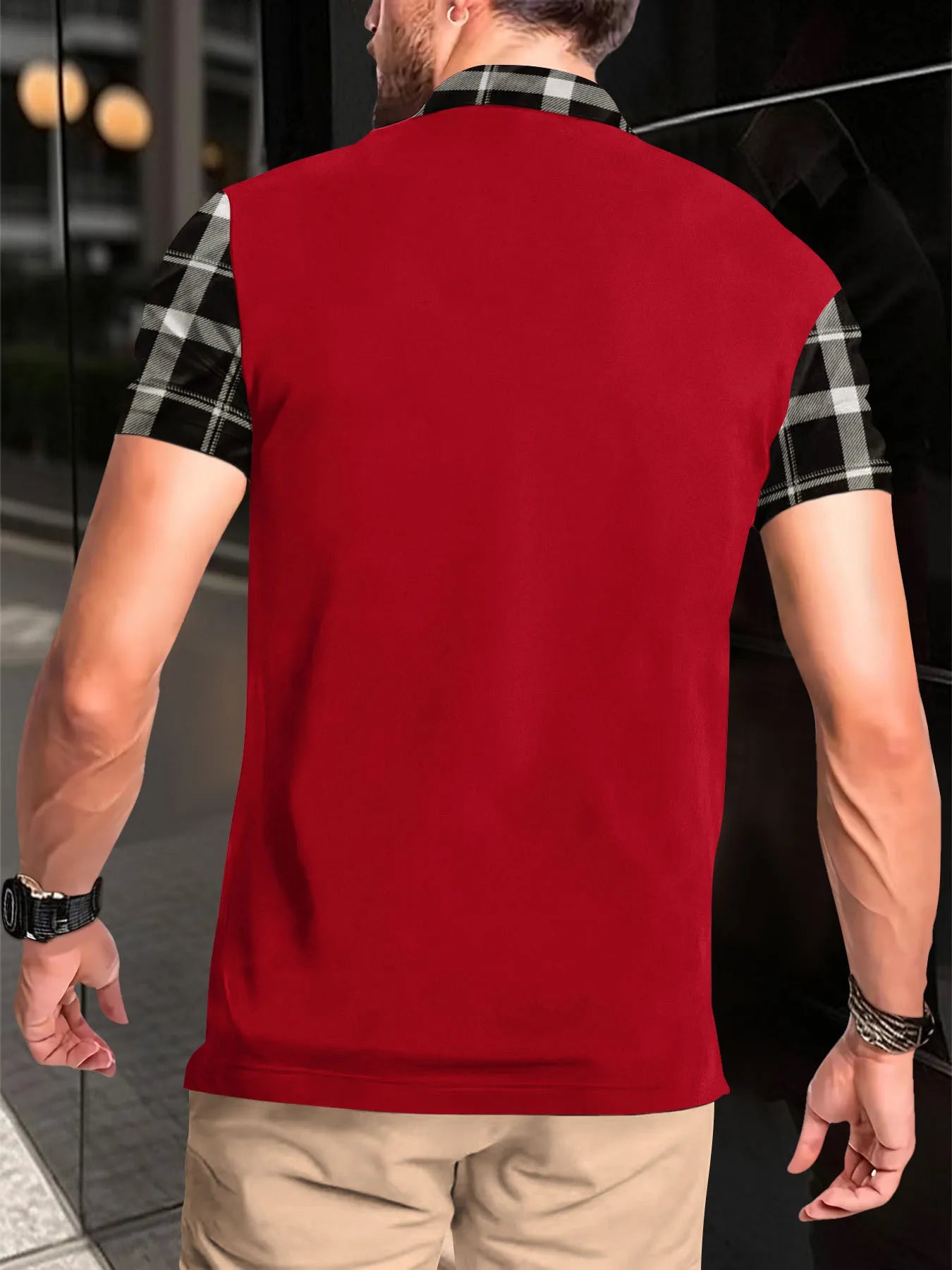 Men's summer new men's fashion POLO shirt plaid print casual V-neck button short sleeves comfortable