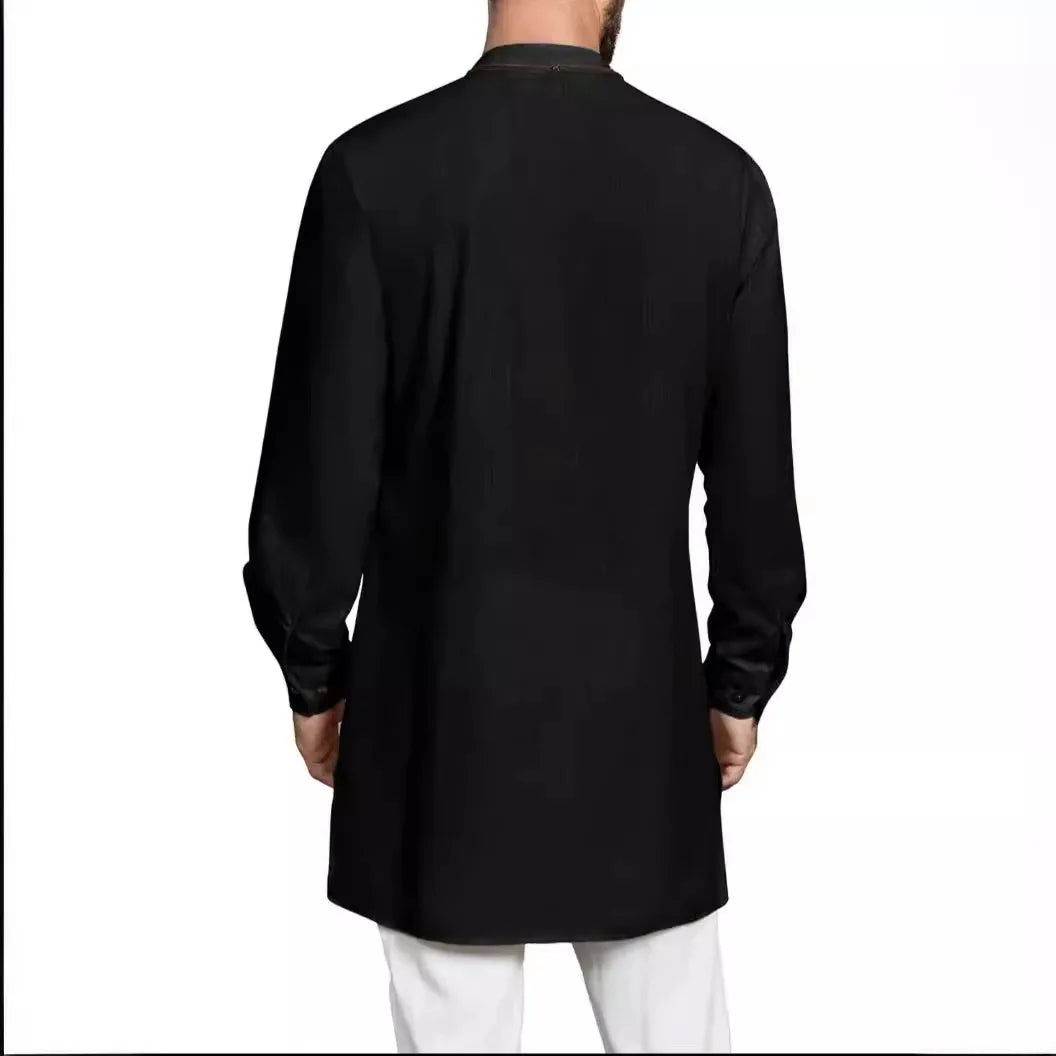 2024 Mens Kaftan Thobe Long Sleeve Robe Gown Casual Cotton Linen Button Muslim Shirt  Muslim Fashion  Islamic Clothing Men