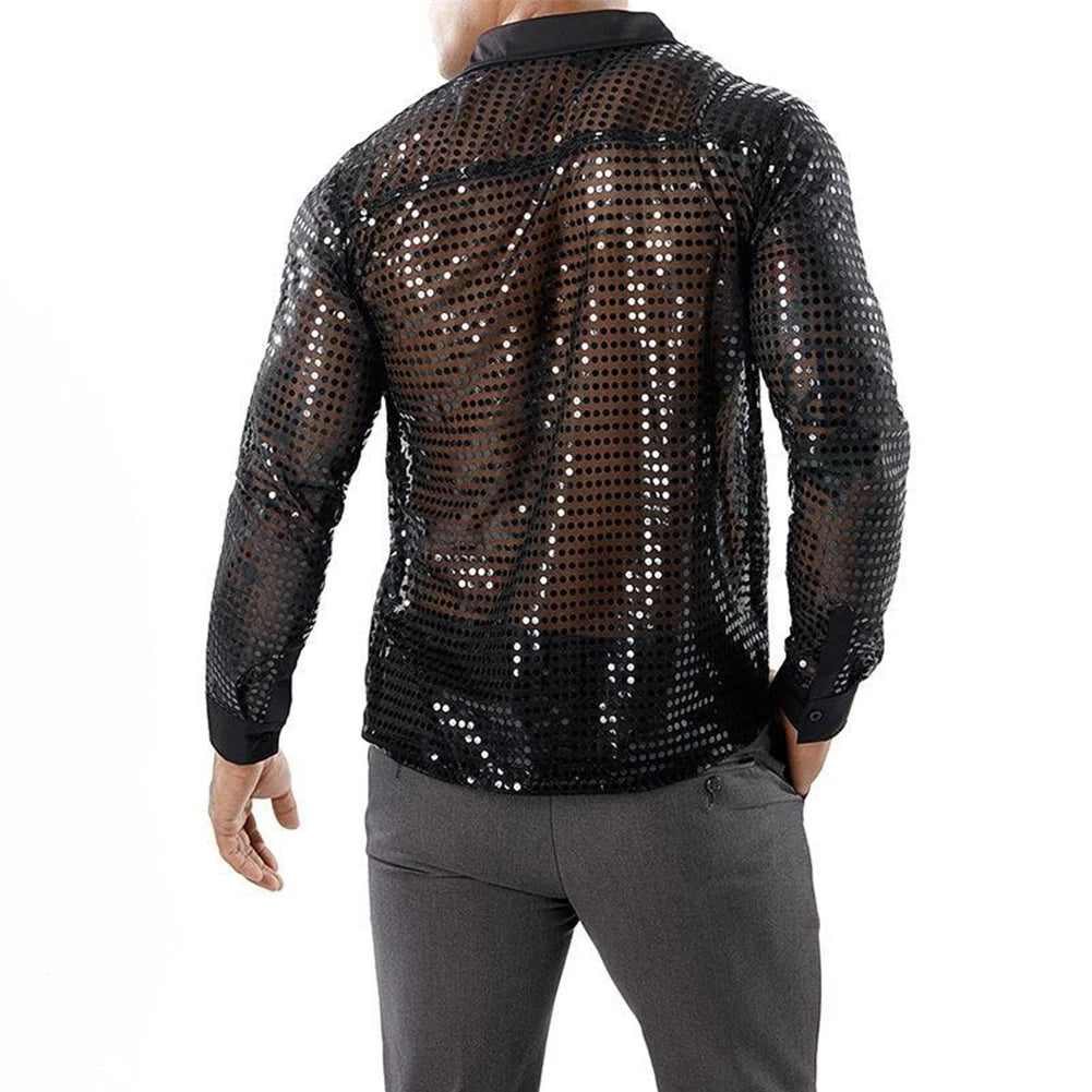 2023 Fashion Mens Sparkly Sequins Party Dance Shirts Retro 70s Disco Nightclub Shirt Tops Single Breasted Performance Clothing