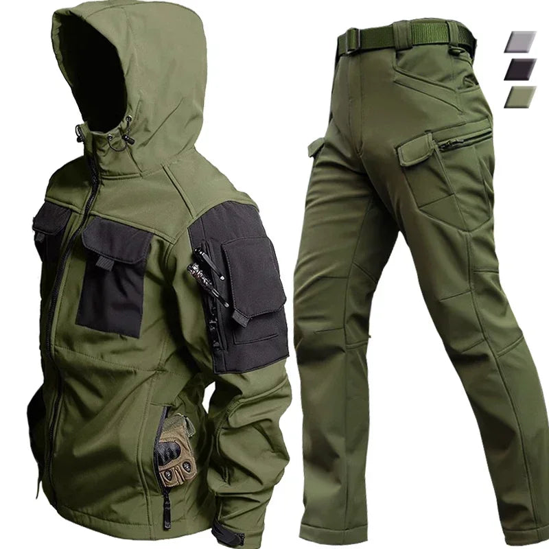 Soft Shell Hunting Suit Men Waterproof Tactical 2 Pcs Set Shark Skin Windproof Hooded Jacket Multi-pockets Cargo Pants Uniforms