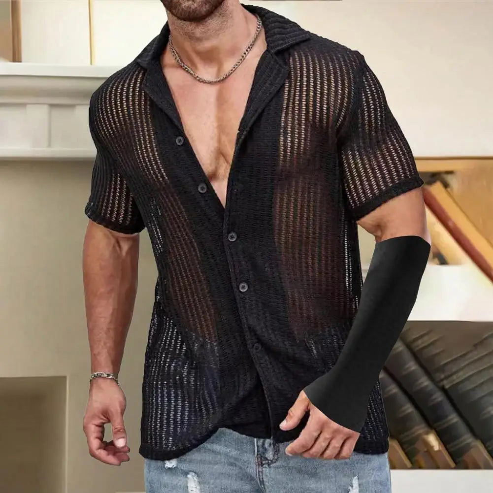 Summer Men Shirt Knitted Hollow Elastic Vintage Short Sleeves Shirt Single-breasted Cardigan Vacation Beach Top