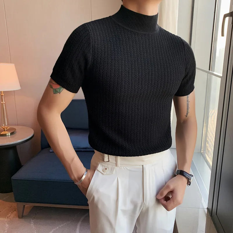 Men Short Sleeve Knitted Sweater 2024 Spring New Turtleneck Solid Color Casual Stretched Slim Fit Homme Pullovers Men's Clothing