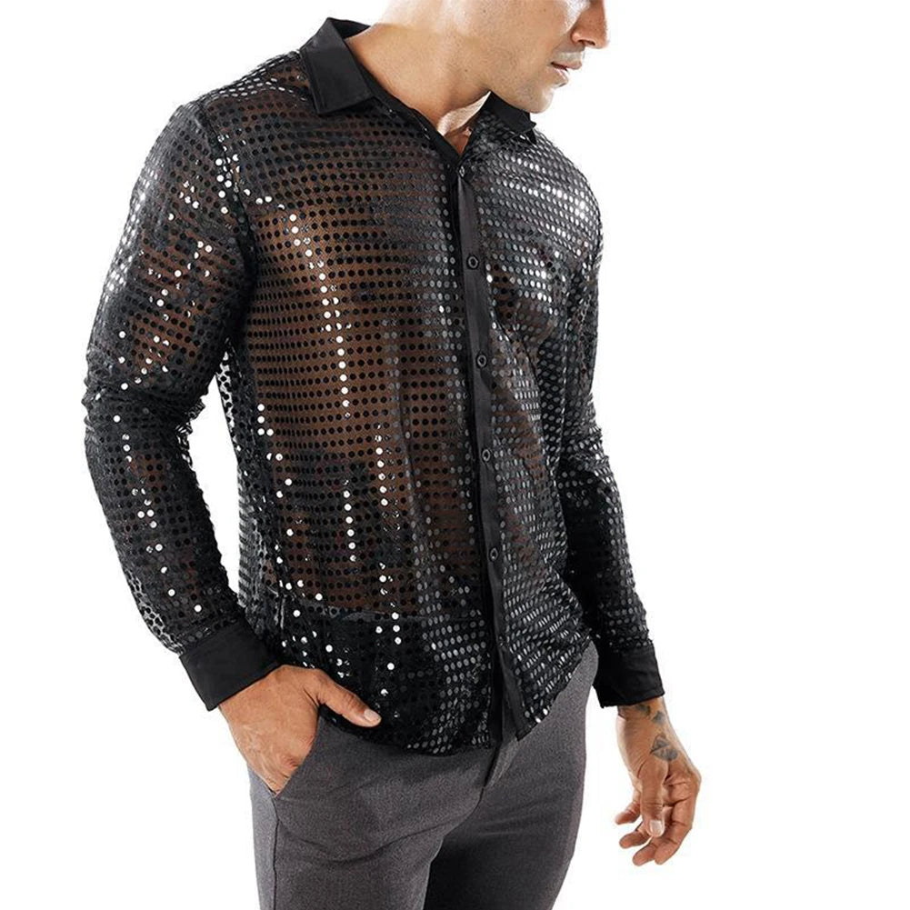 2023 Fashion Mens Sparkly Sequins Party Dance Shirts Retro 70s Disco Nightclub Shirt Tops Single Breasted Performance Clothing