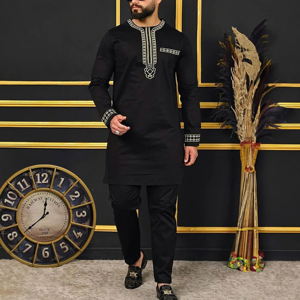 African Traditional Outfit Dashiki Black O-Neck Elegant Suits For Men New 2Pc Luxury Brand Clothing Full Pant Sets Male Clothes